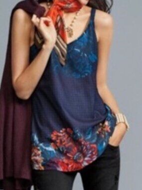 CAbi #3434 Artist Cami Tank Top Blue Wine Floral Women's Sleeveless Lined sz M